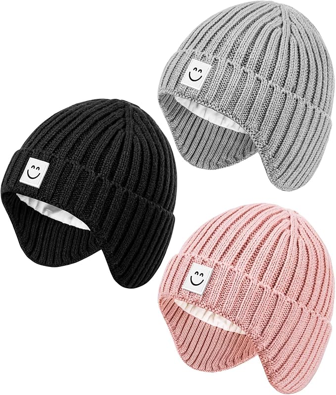 3 Pack Baby Beanie Hats with Earflaps, 2 Size Baby Winter Hat by Alepo