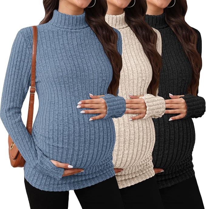 3 Pack Maternity T-Shirts Pregnancy Tops Women Sweater Long Sleeve Turtleneck by Sweetyweee