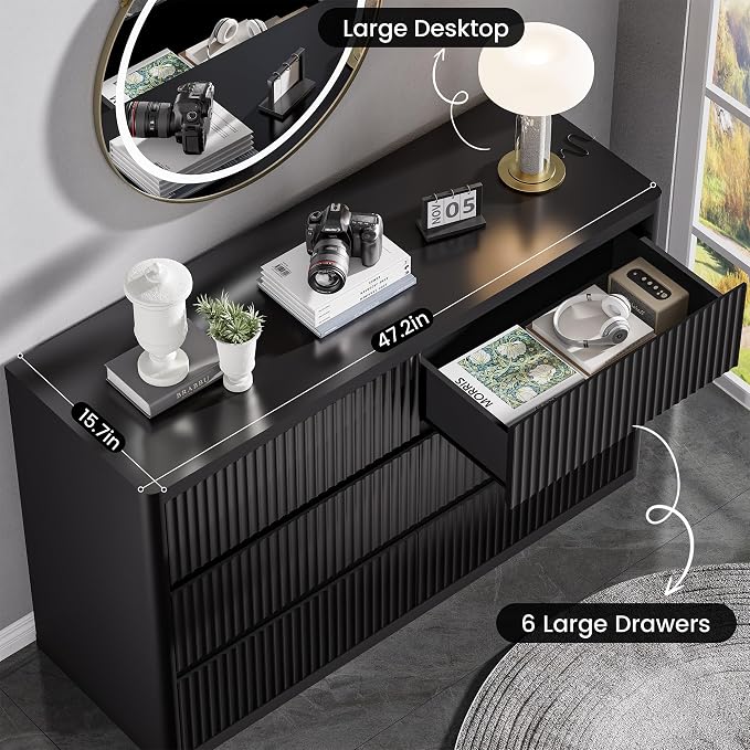 Black Dresser for Bedroom with 6 Double Drawers, Modern Fluted Dresser TV Stand - Image 5