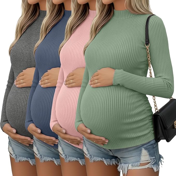 4 Packs Womens Maternity Shirts Long Sleeve Cotton Ribbed Pregnancy Mock Neck by Oakgarden