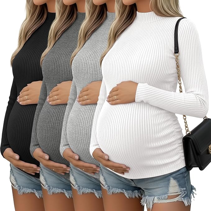 4 Packs Womens Maternity Shirts Long Sleeve Cotton Ribbed Pregnancy Mock Neck by Oakgarden