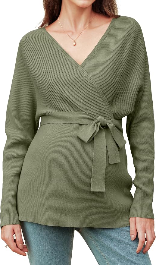 OUGES Womens Soft Cotton Blend Maternity Sweater Wrap V Neck Long Sleeve V Back by OUGES