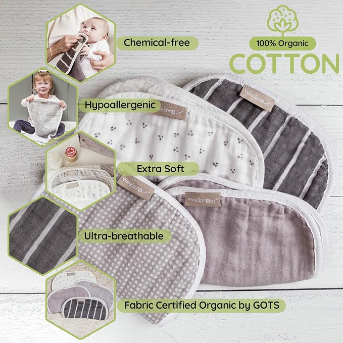 WeeSprout Unisex Organic Towel Cotton Burp Cloths, Four Ultra-Absorbent Layers - Image 5