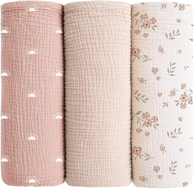 Konssy Muslin Swaddle Blankets for Baby Girls Boys, 3 Pack Receiving Blanket by Konssy