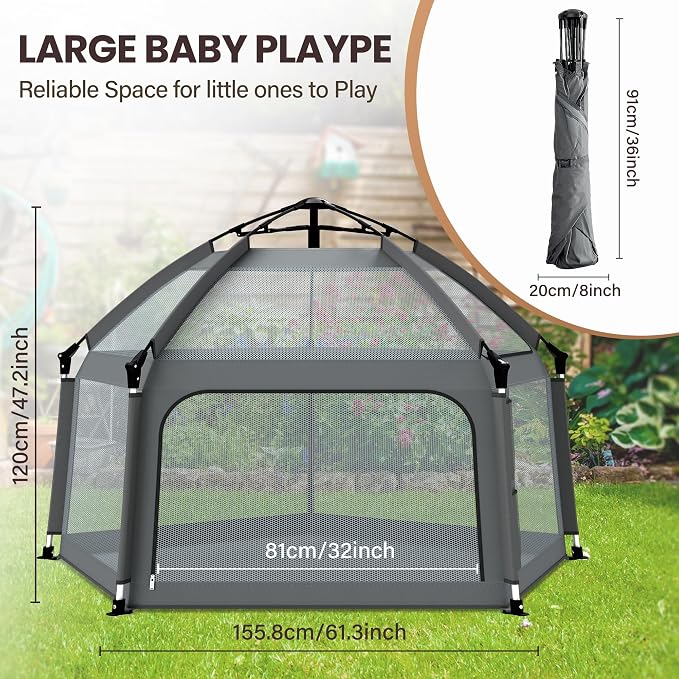Baby Playpen with Self-Inflating Play Mat & Travel Bag, Portable Outdoor Playpen - Image 6