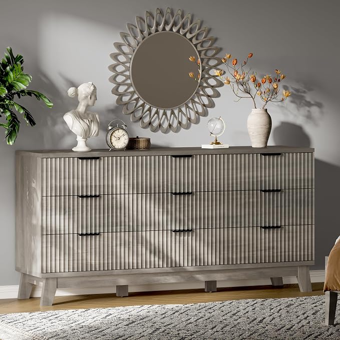 Fluted Dresser with 9 Drawers, Wooden Dresser TV Stand, Modern Closet Clothes by Xixini