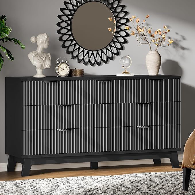 Fluted Dresser with 7 Drawers, Wooden Dresser TV Stand, Modern Closet Clothes by Xixini