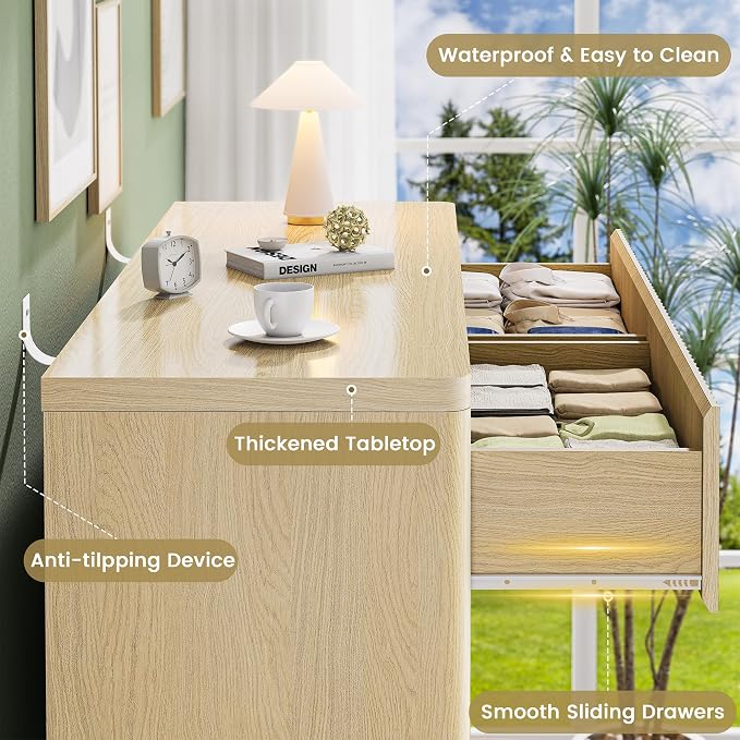 Natural 6 Drawers Dresser for Bedroom, Handleless, Modern Fluted Dresser TV - Image 7