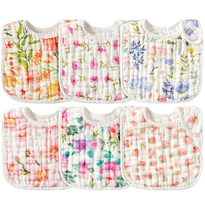 Zainpe 6Pcs Snap Muslin Cotton Baby Bibs Flowers Pattern Infants Feeding Bib by Zainpe