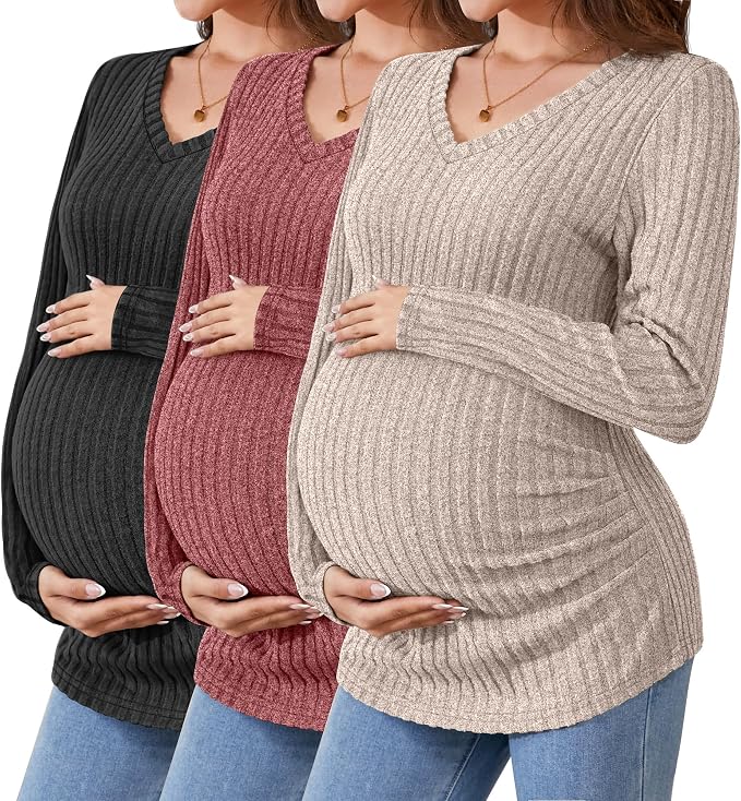 Ficerd 3 Pack Women's Maternity Shirts Ribbed Long Sleeve Pregnancy Tops V Neck by Ficerd