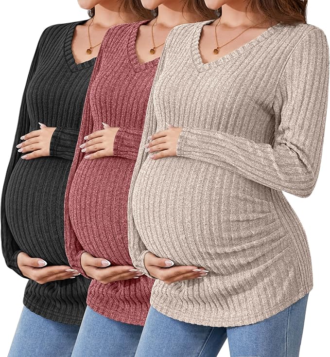 Ficerd 3 Pack Women's Maternity Shirts Ribbed Long Sleeve Pregnancy Tops V Neck by Ficerd