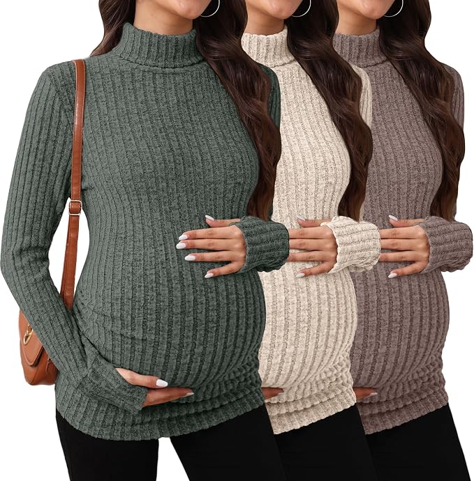 3 Pack Maternity T-Shirts Pregnancy Tops Women Sweater Long Sleeve Turtleneck by Sweetyweee