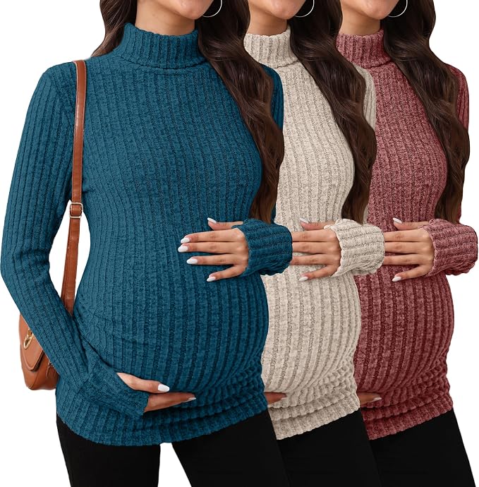 3 Pack Maternity T-Shirts Pregnancy Tops Women Sweater Long Sleeve Turtleneck by Sweetyweee