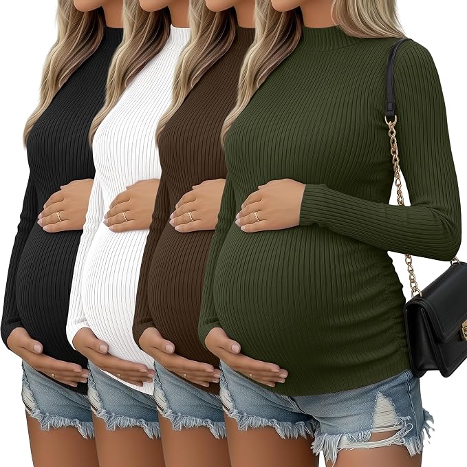 4 Packs Womens Maternity Shirts Long Sleeve Cotton Ribbed Pregnancy Mock Neck by Oakgarden