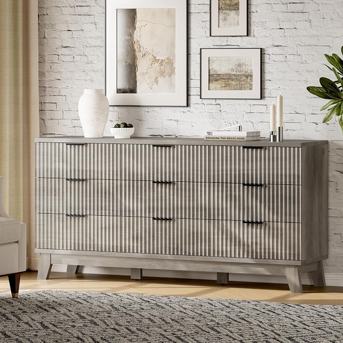 Fluted Dresser with 9 Drawers, Wooden Dresser TV Stand, Modern Closet Clothes - Image 3