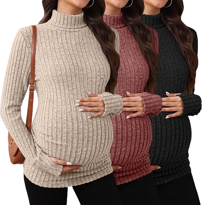 3 Pack Maternity T-Shirts Pregnancy Tops Women Sweater Long Sleeve Turtleneck by Sweetyweee