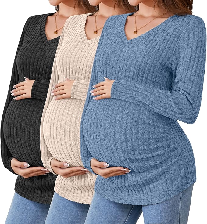Ficerd 3 Pack Women's Maternity Shirts Ribbed Long Sleeve Pregnancy Tops V Neck by Ficerd