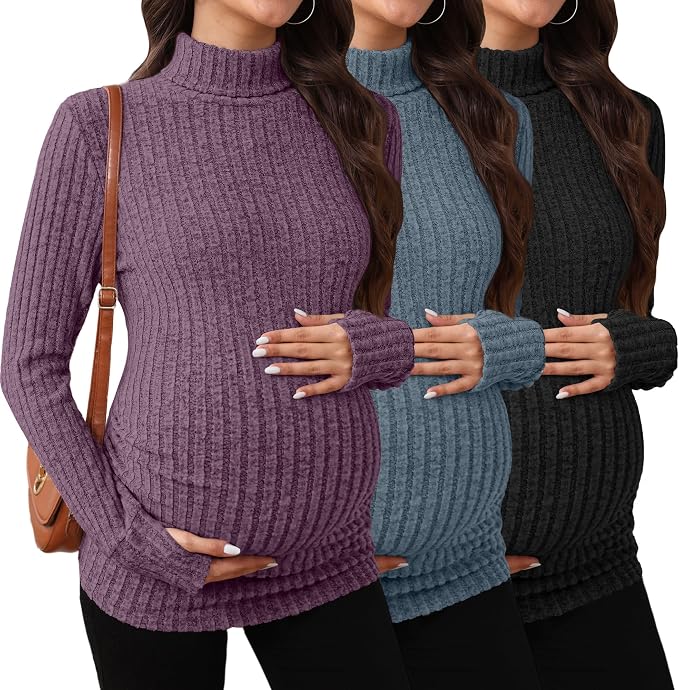 3 Pack Maternity T-Shirts Pregnancy Tops Women Sweater Long Sleeve Turtleneck by Sweetyweee