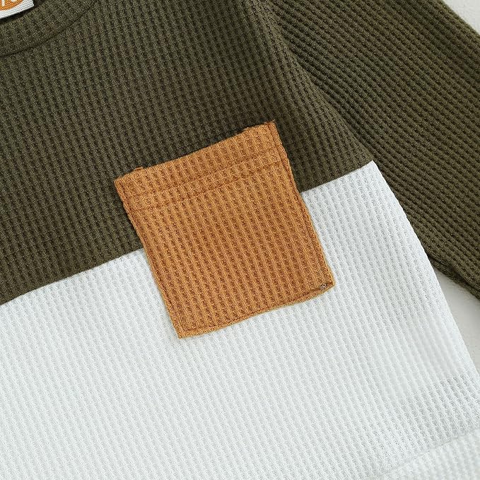 Toddler Baby Boy Fall Clothes Waffle Outfit Long Sleeve Color Blocking - Image 2