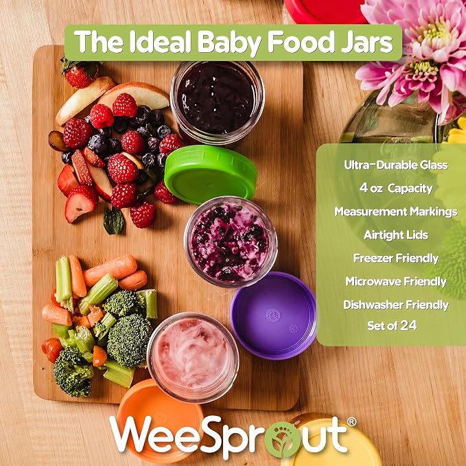 WeeSprout Baby Food Storage Glass Jars w/Lids Bright Variety, Reusable Small - Image 4