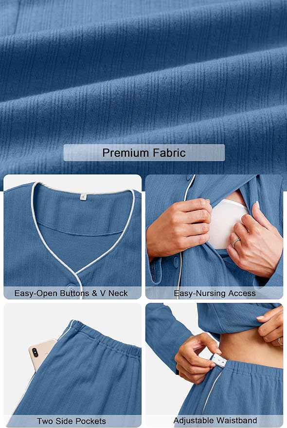OUGES 100% Cotton Women's Maternity Nursing Pajamas Sets Button Down - Image 6