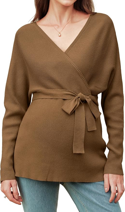OUGES Womens Soft Cotton Blend Maternity Sweater Wrap V Neck Long Sleeve V Back by OUGES