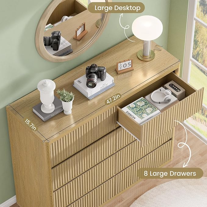 48" Wide Fluted Dresser with 8 Drawers, Modern Chest of Drawers with Deep - Image 5