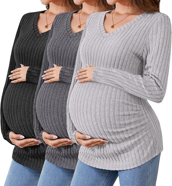 Ficerd 3 Pack Women's Maternity Shirts Ribbed Long Sleeve Pregnancy Tops V Neck by Ficerd