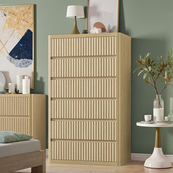 Fluted 6 Drawers Dresser for Bedroom, Wooden Dressers Drawer Closet Clothes - Image 5