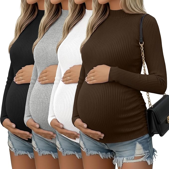 4 Packs Womens Maternity Shirts Long Sleeve Cotton Ribbed Pregnancy Mock Neck by Oakgarden