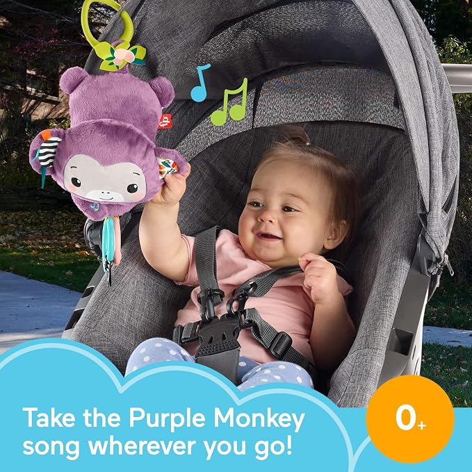 Fisher-Price Baby Stroller Toy Sing & Go Purple Monkey Musical Sensory Plush - Image 2