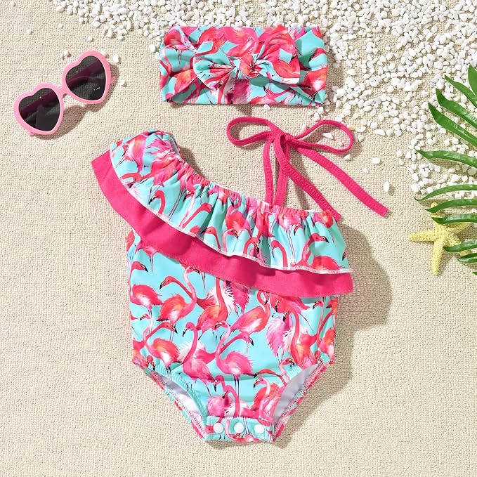 Toddler Baby Girls Ruffles Bikini One Piece Swimsuits Floral Off Shoulder - Image 6