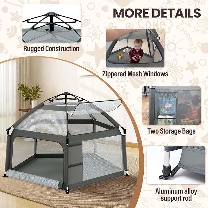 Baby Playpen with Self-Inflating Play Mat & Travel Bag, Portable Outdoor Playpen - Image 7
