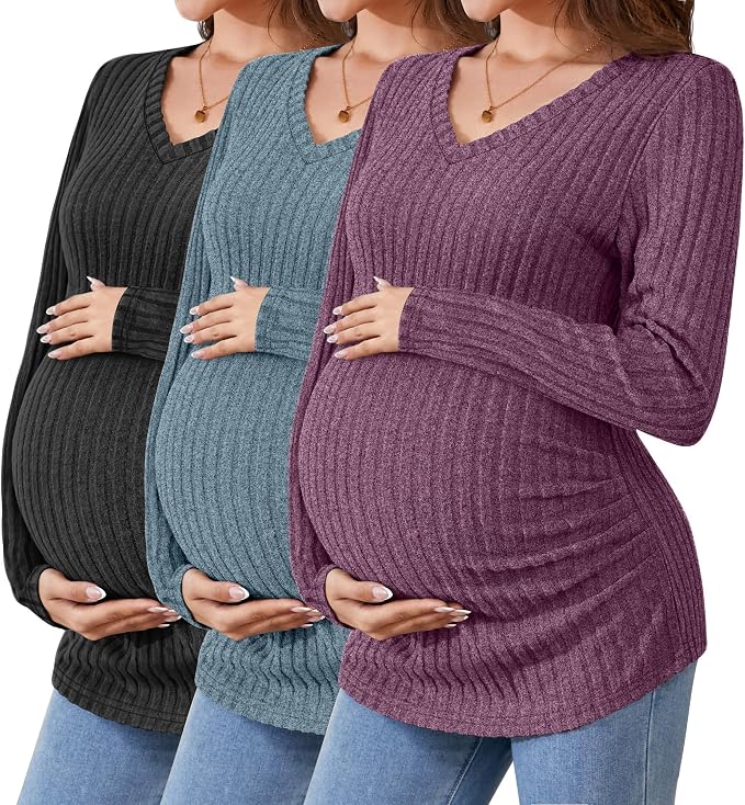 Ficerd 3 Pack Women's Maternity Shirts Ribbed Long Sleeve Pregnancy Tops V Neck by Ficerd