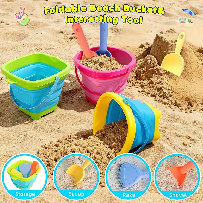 Collapsible Beach Sand Bucket 3 Packs Foldable Buckets Set - Image 3