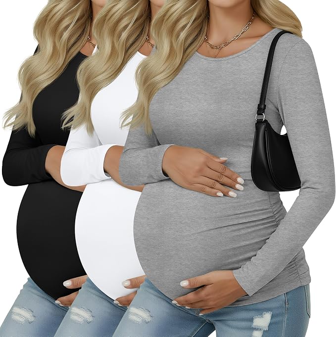 Ficerd 3 Pack Women's Maternity Shirts, Long Sleeve Side Ruched Pregnancy Tee by Ficerd