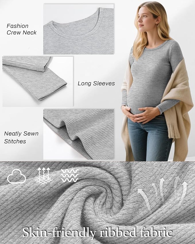 Riyiper 3 Pack Women's Maternity Shirts Long Sleeve Ribbed Knit Pregnancy Tees - Image 3