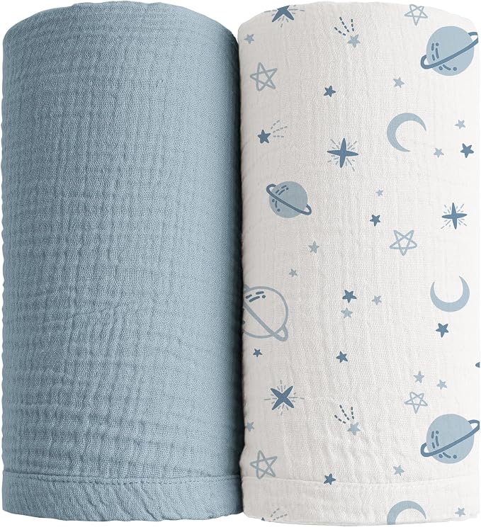 Konssy Muslin Swaddle Blankets for Boys Girls, 2 Pack Receiving Baby Blanket by Konssy