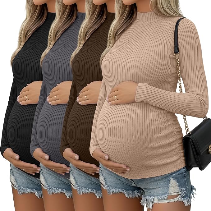 4 Packs Womens Maternity Shirts Long Sleeve Cotton Ribbed Pregnancy Mock Neck by Oakgarden