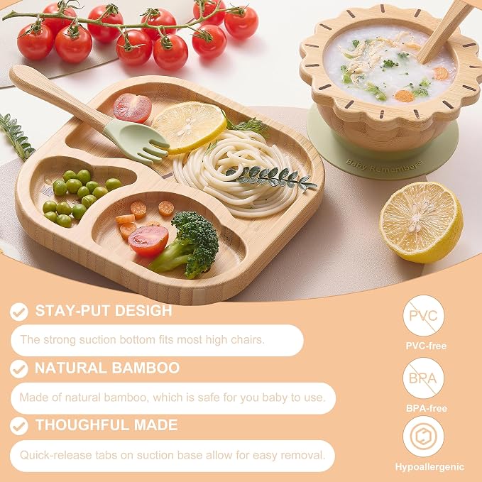 Suction Plates Bowls Set for Baby Toddler Non-Toxic Bamboo Feeding Set - Image 6