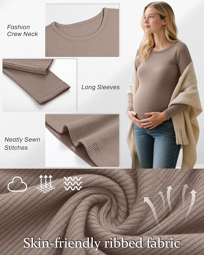 Riyiper 3 Pack Women's Maternity Shirts Long Sleeve Ribbed Knit Pregnancy Tees - Image 3