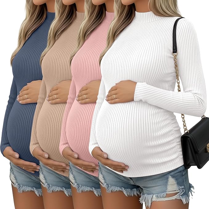4 Packs Womens Maternity Shirts Long Sleeve Cotton Ribbed Pregnancy Mock Neck by Oakgarden