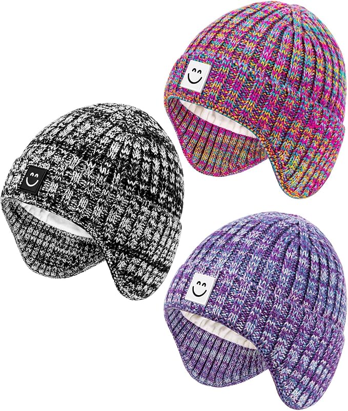 3 Pack Baby Beanie Hats with Earflaps, 2 Size Baby Winter Hat by Alepo