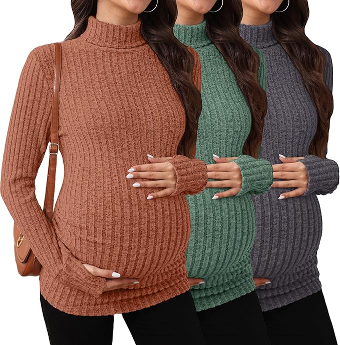 3 Pack Maternity T-Shirts Pregnancy Tops Women Sweater Long Sleeve Turtleneck by Sweetyweee