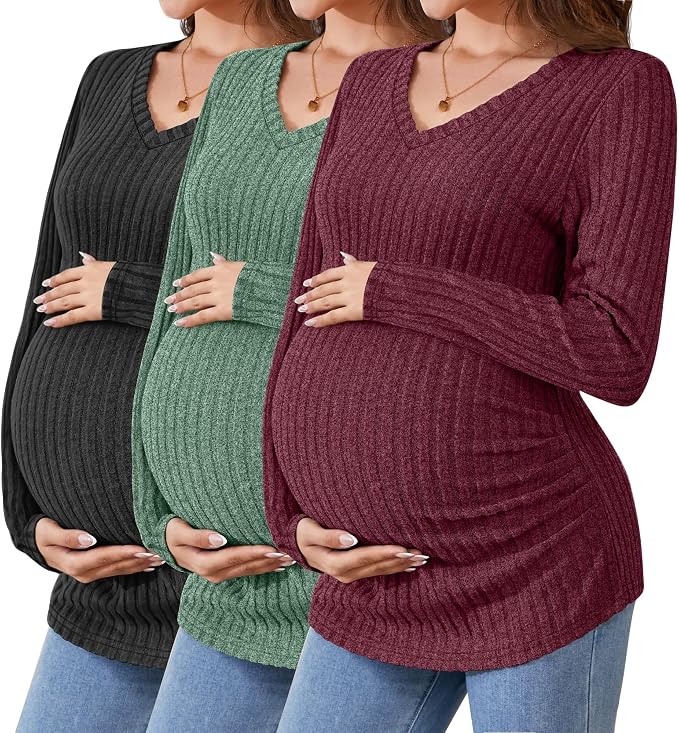 Ficerd 3 Pack Women's Maternity Shirts Ribbed Long Sleeve Pregnancy Tops V Neck by Ficerd
