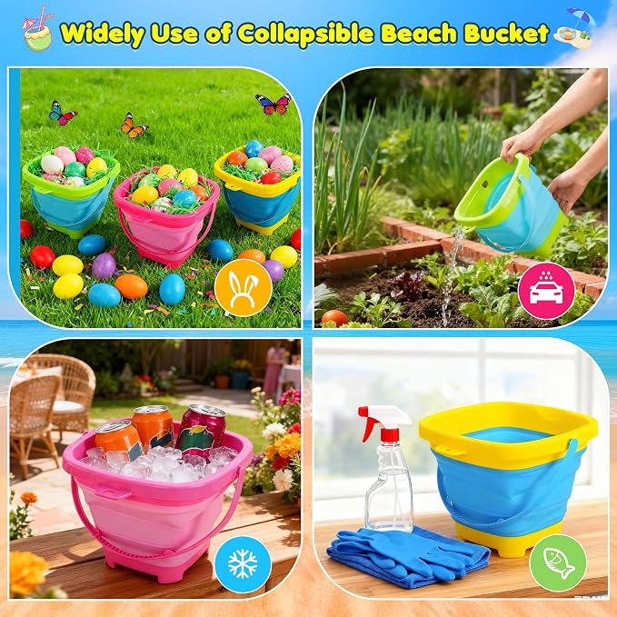 Collapsible Beach Sand Bucket 3 Packs Foldable Buckets Set - Image 6
