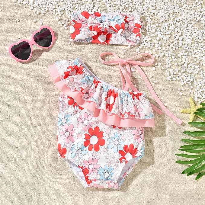 Toddler Baby Girls Ruffles Bikini One Piece Swimsuits Floral Off Shoulder - Image 6