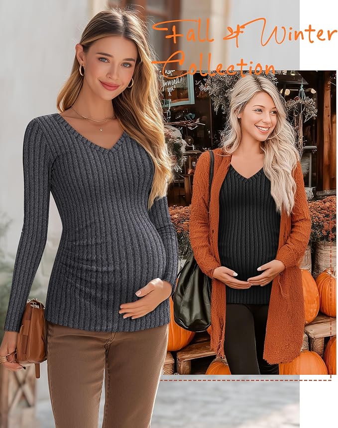 Ficerd 3 Pack Women's Maternity Shirts Ribbed Long Sleeve Pregnancy Tops V Neck - Image 5