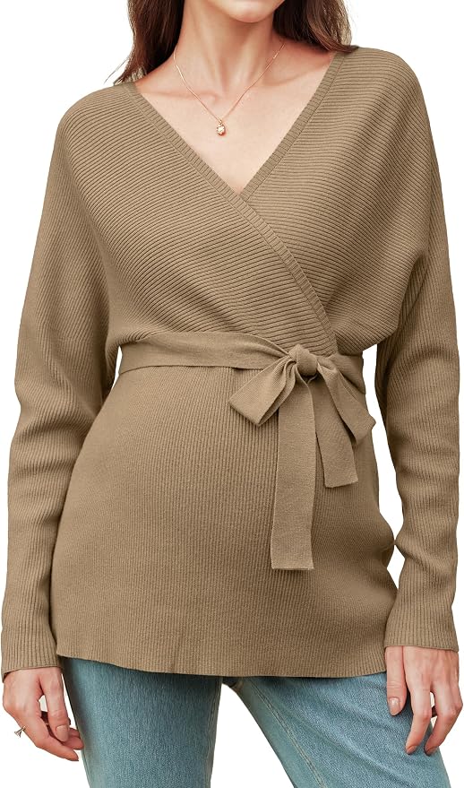 OUGES Womens Soft Cotton Blend Maternity Sweater Wrap V Neck Long Sleeve V Back by OUGES
