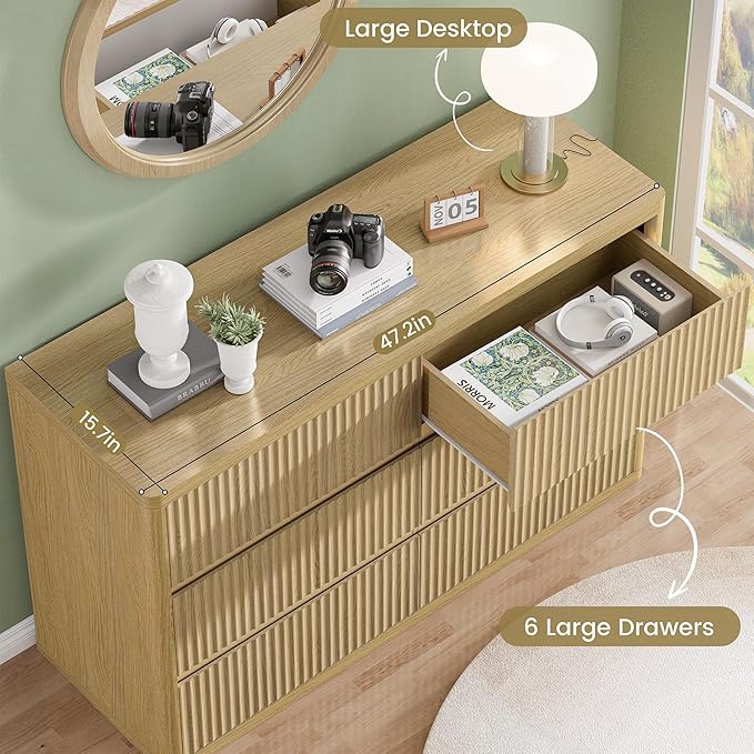 Natural 6 Drawers Dresser for Bedroom, Handleless, Modern Fluted Dresser TV - Image 5